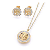 Stainless Steel Set Pendant Necklace Earrings Clay Tree of Life Gold 17" Z755