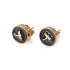 Gold Tone Stainless Steel Stud Earrings Enamel Round Butterfly Black A183