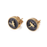 Gold Tone Stainless Steel Stud Earrings Enamel Round Butterfly Black A183