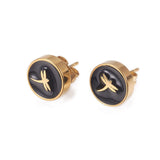 Gold Tone Stainless Steel Stud Earrings Enamel Round Butterfly Black A183