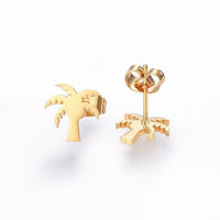 Stainless Steel Set Earrings Pendant Necklace Coconut Tree Gold 16.54" P730