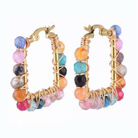 201 Stainless Steel Hoop Earrings Natural Agate Bead Rectangle Gold A178