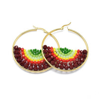 Stainless Steel Hoop Earrings Glass Beads Black Gold Blue Green 56x54x56mm P347