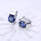 Platinum Plated Earrings Hoop Huggies AAA Zirconia Blue Latch Back Clasp L586