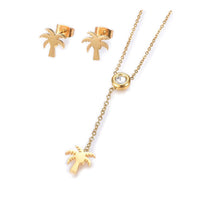 Stainless Steel Set Earrings Pendant Necklace Coconut Tree Gold 16.54" P730