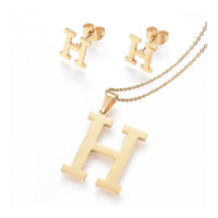 Stainless Steel Pendant 1.2" Earrings Necklace 17.7" Alphabet Letter Gold P813