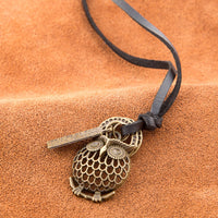 Genuine Leather Necklace Unisex Pendant Owl Adjustable Size Slide Clasp B490