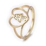 Stainless Steel Rings Wide Band Rings Hollow Heart Hamsa Fatima Gold Size 8 Z728