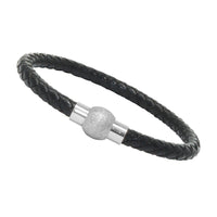 Unisex Genuine Leather Stainless Steel Magnetic Clasp Bracelet Black 8" Inches