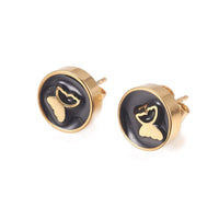 Gold Tone Stainless Steel Stud Earrings Enamel Round Butterfly Black A183