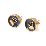 Gold Tone Stainless Steel Stud Earrings Enamel Round Butterfly Black A183