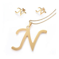 Stainless Steel Pendant 2" Earrings Necklace 17.7" Set Alphabet Letter Gold P814