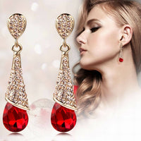 Gold Plated Brass Rhinestone Teardrop Stud Earrings Crystal 46x10mm Z268