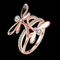 Rose Gold Platinum Plated Ring Black AAA Zirconia Women Dragonfly B164