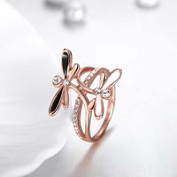 Rose Gold Platinum Plated Ring Black AAA Zirconia Women Dragonfly B164