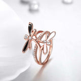 Rose Gold Platinum Plated Ring Black AAA Zirconia Women Dragonfly B164