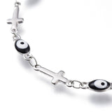 Stainless Steel Bracelet Enamel Lobster Evil Eye Cross Silver Black 7.2" Z190