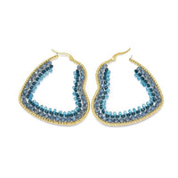 Stainless Steel Hoop Earrings Glass Beads Heart Gold DarkCyan 57.5x50x4mm  P619