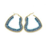 Stainless Steel Hoop Earrings Glass Beads Heart Gold DarkCyan 57.5x50x4mm  P619