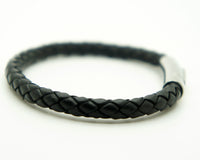 Genuine Leather Braided Stainless Steel Magnetic Clasp Bracelet Unisex Black