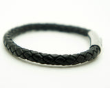 Genuine Leather Braided Stainless Steel Magnetic Clasp Bracelet Unisex Black