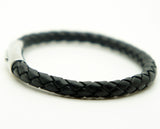 Genuine Leather Braided Stainless Steel Magnetic Clasp Bracelet Unisex Black