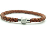 Genuine Leather Braided Stainless Steel Magnetic Clasp Bracelet Unisex Brown 