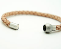 Genuine Leather Braided Stainless Steel Magnetic Clasp Bracelet Unisex Beige