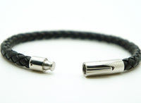 Genuine Leather Braided Stainless Steel Magnetic Clasp Bracelet Unisex Black