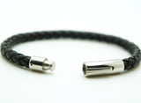 Genuine Leather Braided Stainless Steel Magnetic Clasp Bracelet Unisex Black