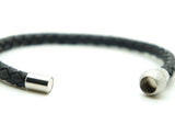 Genuine Leather Braided Stainless Steel Magnetic Clasp Bracelet Unisex Black