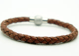 Genuine Leather Braided Stainless Steel Magnetic Clasp Bracelet Unisex Brown 