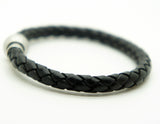 Genuine Leather Braided Stainless Steel Magnetic Clasp Bracelet Unisex Black