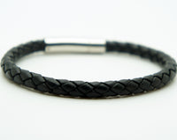 Genuine Leather Braided Stainless Steel Magnetic Clasp Bracelet Unisex Black