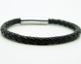 Genuine Leather Braided Stainless Steel Magnetic Clasp Bracelet Unisex Black