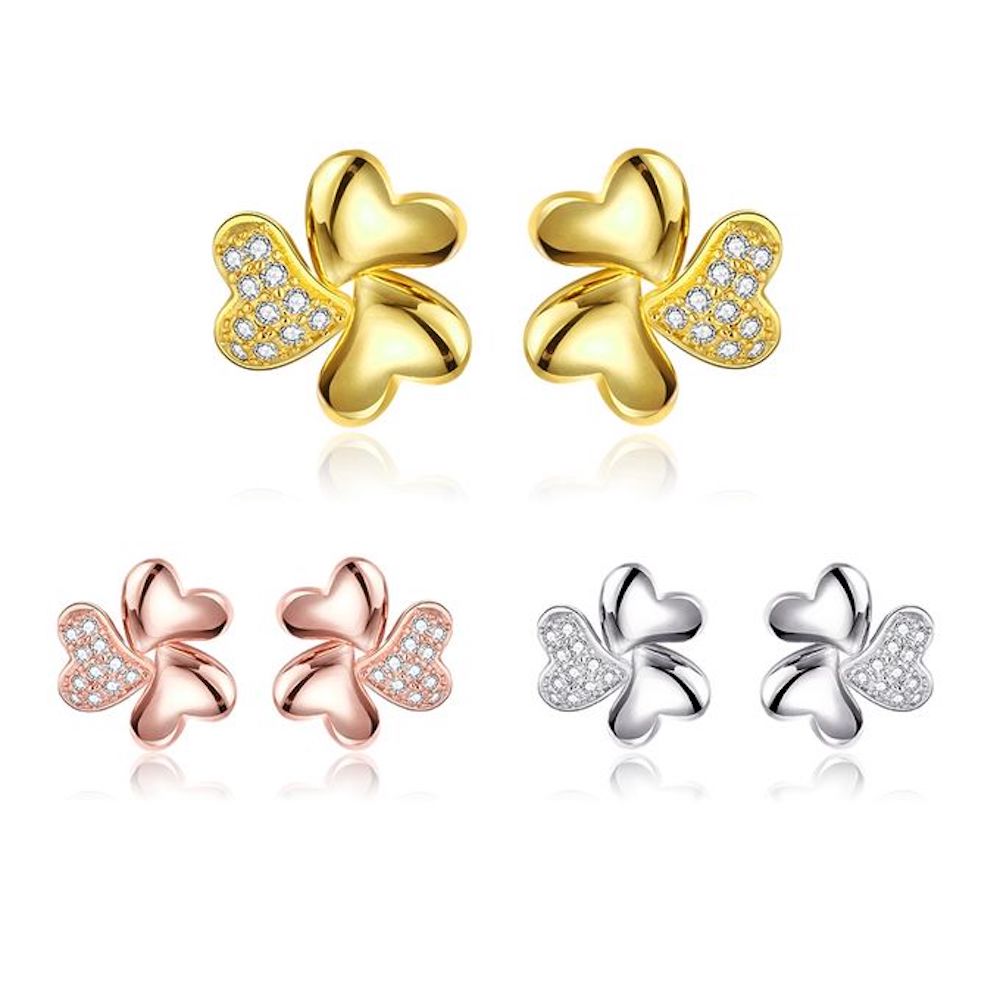 Rose Gold Plated Earrings Stud AAA Zirconia Push Back Hearts .44" L269