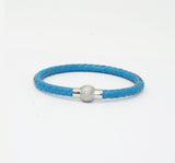 Unisex Men's Genuine  Leather Stainless Steel Magnetic Clasp Bracelet Light Blue