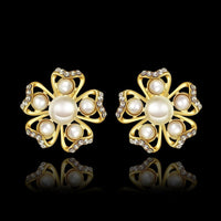 Rose Gold Platinum Plated Earrings Pearl AAA Zirconia Push Back Flower .76" L326