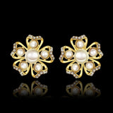 Rose Gold Platinum Plated Earrings Pearl AAA Zirconia Push Back Flower .76" L326