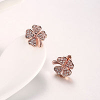 Rose Gold Platinum Plated  Earrings Stud AAA Zirconia Push Back Clover .48" L251