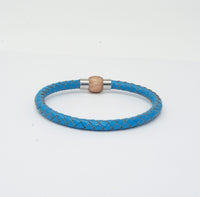 Unisex Men's Genuine  Leather Stainless Steel Magnetic Clasp Bracelet Light Blue