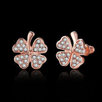 Rose Gold Platinum Plated  Earrings Stud AAA Zirconia Push Back Clover .48" L251