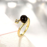 Gold Plated Solitaire Ring Black Glass Pearl For Women B160