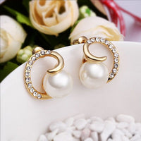 Rose Gold Platinum Plated Earrings Stud Pearl AAA Zirconia Push Back .64" L295