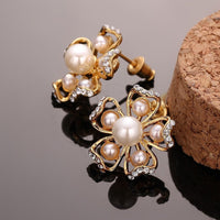 Rose Gold Platinum Plated Earrings Pearl AAA Zirconia Push Back Flower .76" L326