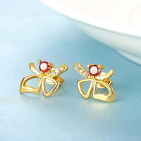 Rose Gold Platinum Plated Red Earrings Stud AAA Zirconia Push Back Bow .44" L233