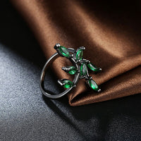 Gold Plated Black Gunmetal P Fashion Ring Green AAA Zirconia Women Leaves B316