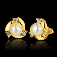 Rose Gold Platinum Plated  Earrings Stud Pearl AAA Zirconia Push Back .4" L260
