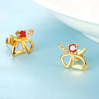 Rose Gold Platinum Plated Red Earrings Stud AAA Zirconia Push Back Bow .44" L233