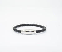 Unisex Genuine Leather Stainless Steel Magnetic Clasp Bracelet Black 8" Inches